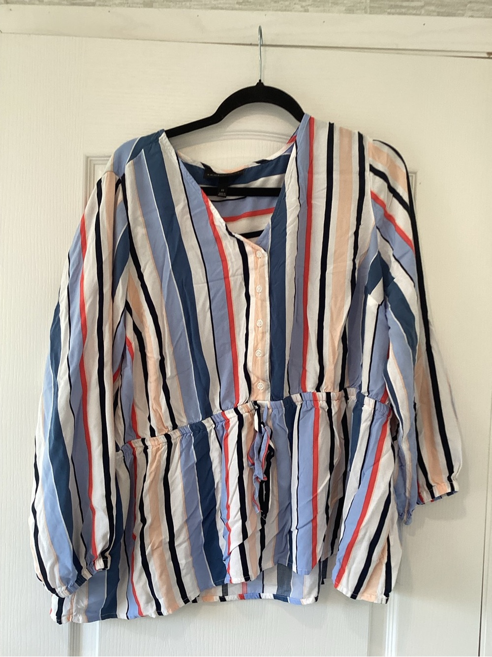 Lane Bryant Striped Button-Front Blouse in Blue, Red & Cream 22 EUC